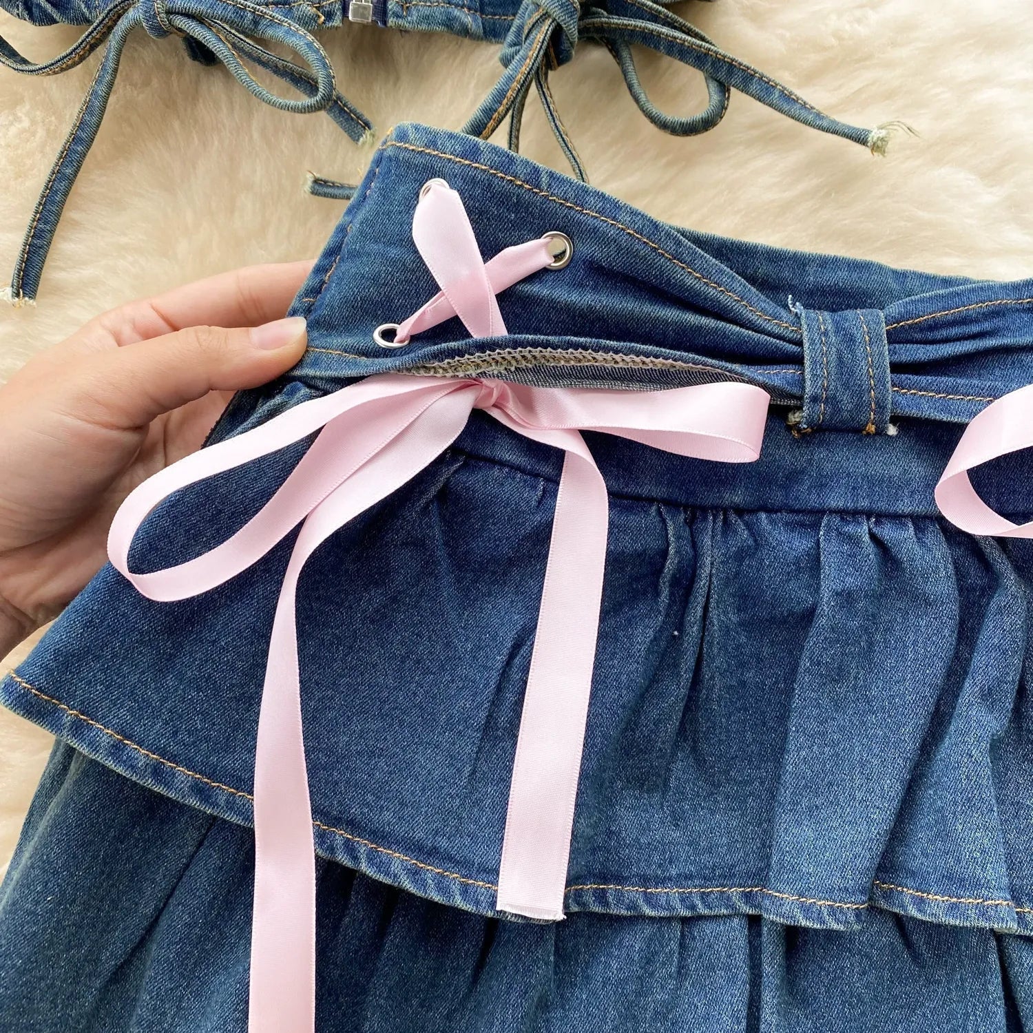 Tiny denim dancer outfit set - bows - corset - denim - jeans - kawaii
