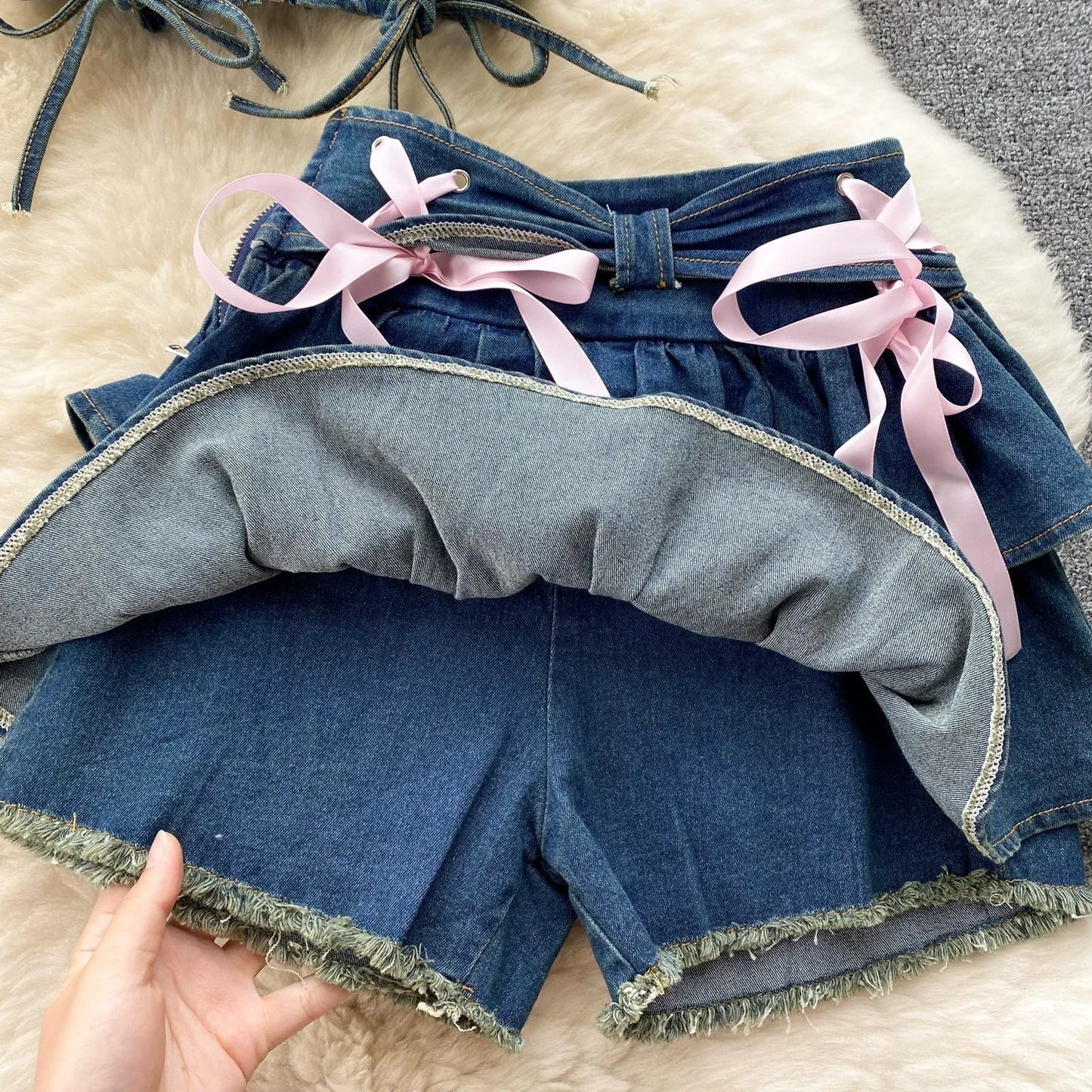 Tiny denim dancer outfit set - bows - corset - denim - jeans - kawaii