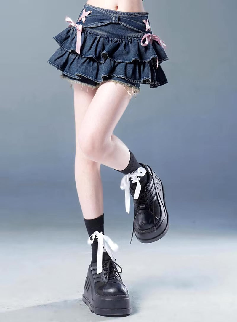 Tiny denim dancer outfit set - bows - corset - denim - jeans - kawaii
