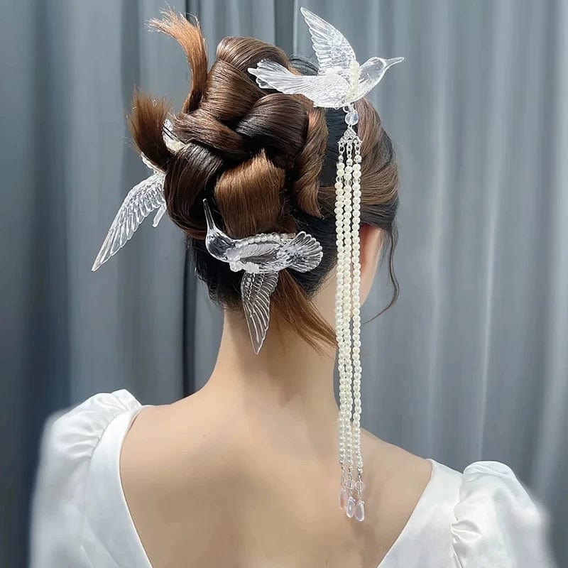 Transparent Lovebird Magpie Pearl Long Chain Tassel Hair Fork Hair Clip Set