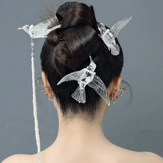 Transparent Lovebird Magpie Pearl Long Chain Tassel Hair Fork Hair Clip Set