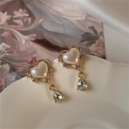 Trendy Rhinestone Pearl Heart Earrings