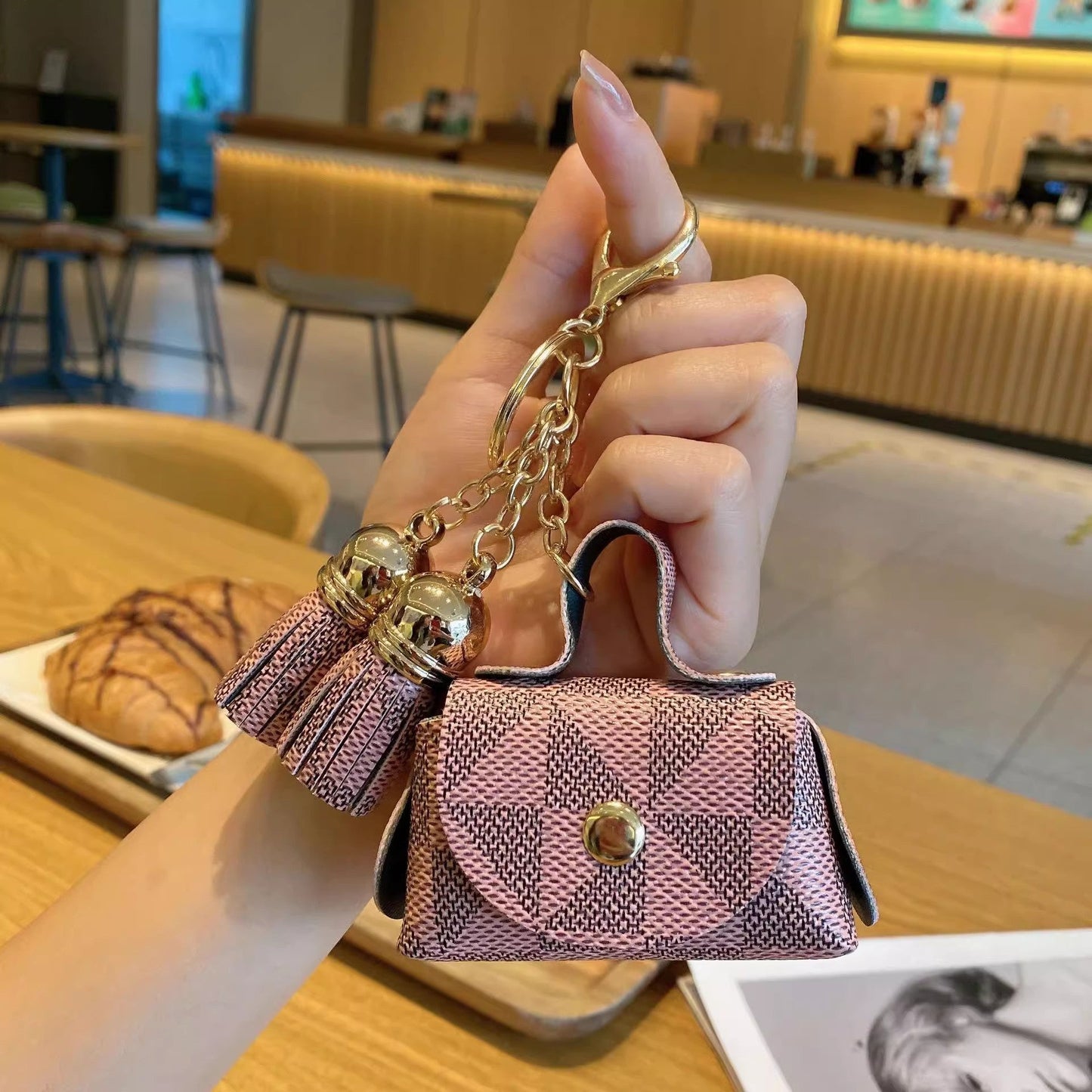 Purse Plaid Trendy Leather Mini Coin Bag Keychain Flower Tassel
