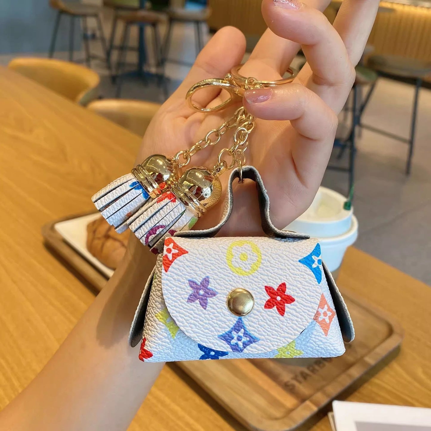 Purse Plaid Trendy Leather Mini Coin Bag Keychain Flower Tassel