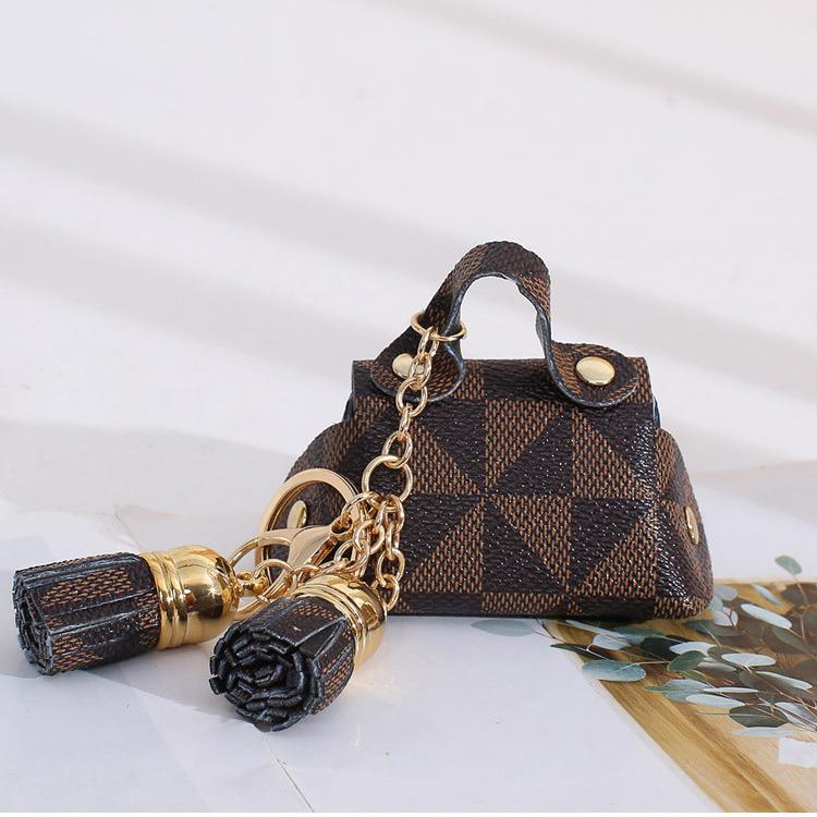 Purse Plaid Trendy Leather Mini Coin Bag Keychain Flower Tassel