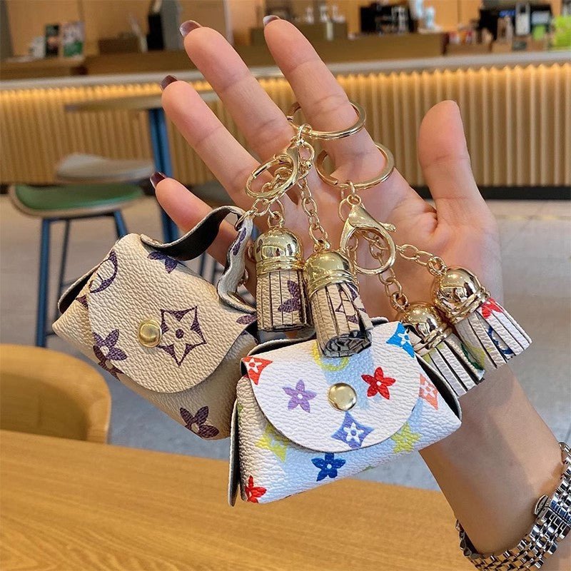 Purse Plaid Trendy Leather Mini Coin Bag Keychain Flower Tassel