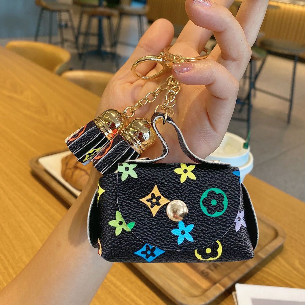 Purse Plaid Trendy Leather Mini Coin Bag Keychain Flower Tassel