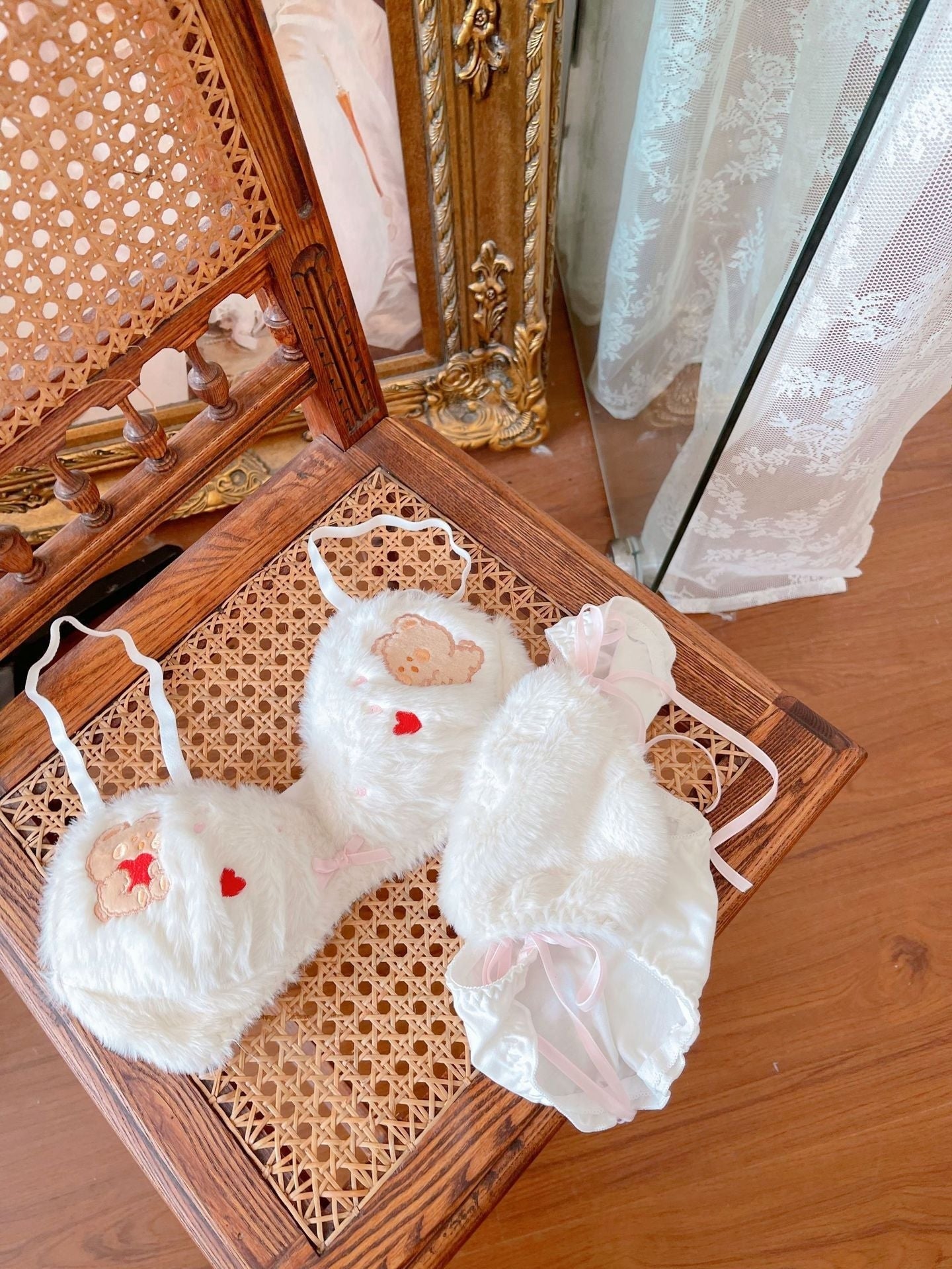 Valentine Fuzzy Bear Lingerie Set - bra, bralette, bras, embroidered, fur