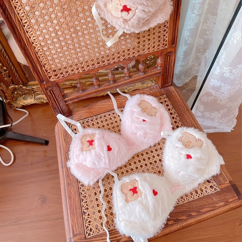 Valentine Fuzzy Bear Lingerie Set - bra, bralette, bras, embroidered, fur