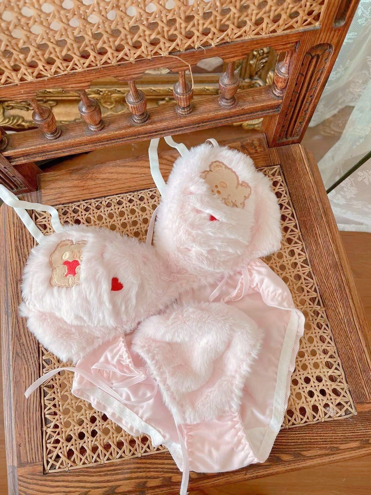 Valentine Fuzzy Bear Lingerie Set - bra, bralette, bras, embroidered, fur