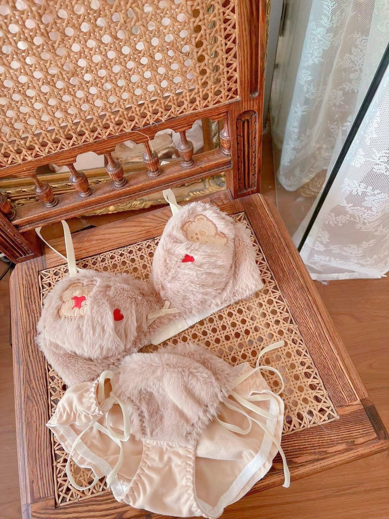 Valentine Fuzzy Bear Lingerie Set - bra, bralette, bras, embroidered, fur