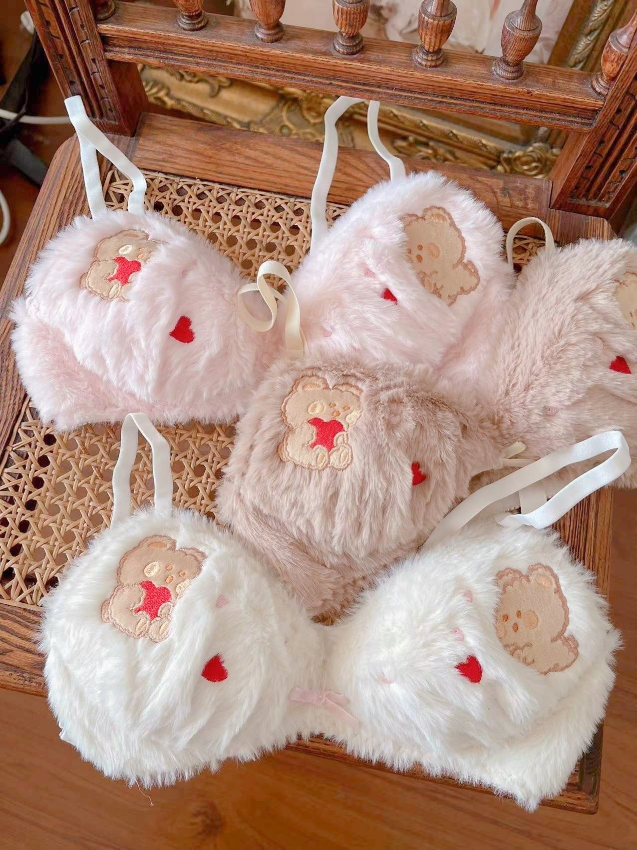 Valentine Fuzzy Bear Lingerie Set - bra, bralette, bras, embroidered, fur