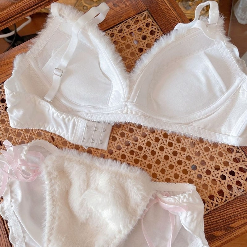Valentine Fuzzy Bear Lingerie Set - bra, bralette, bras, embroidered, fur