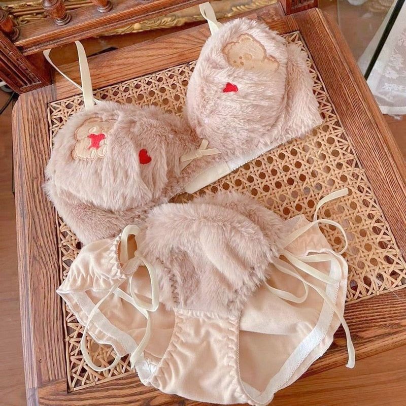 Valentine Fuzzy Bear Lingerie Set - bra, bralette, bras, embroidered, fur
