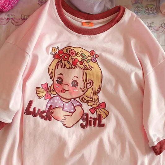 Vintage lucky girl tee - 1970s - 70s - crewneck - cry baby - kitsch