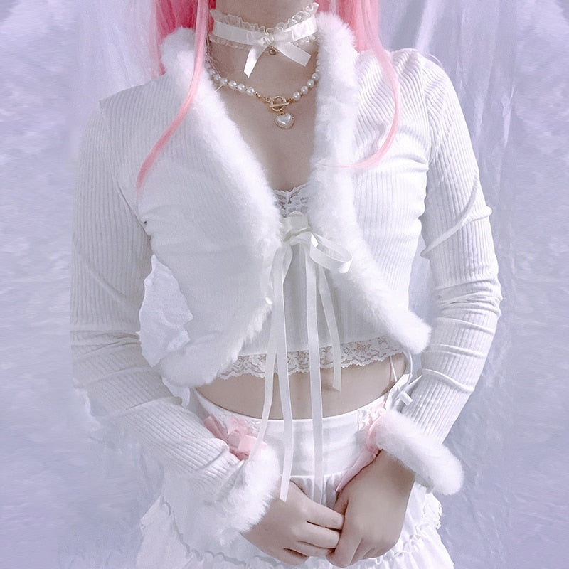 White Fur Trim Cardigan - cardigan, cardigans, coquette, dollette, fae Kawaii Babe