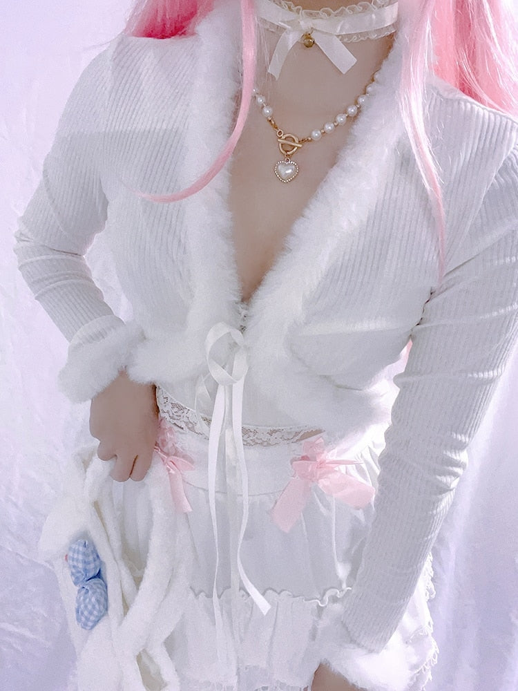 White Fur Trim Cardigan - cardigan, cardigans, coquette, dollette, fae Kawaii Babe