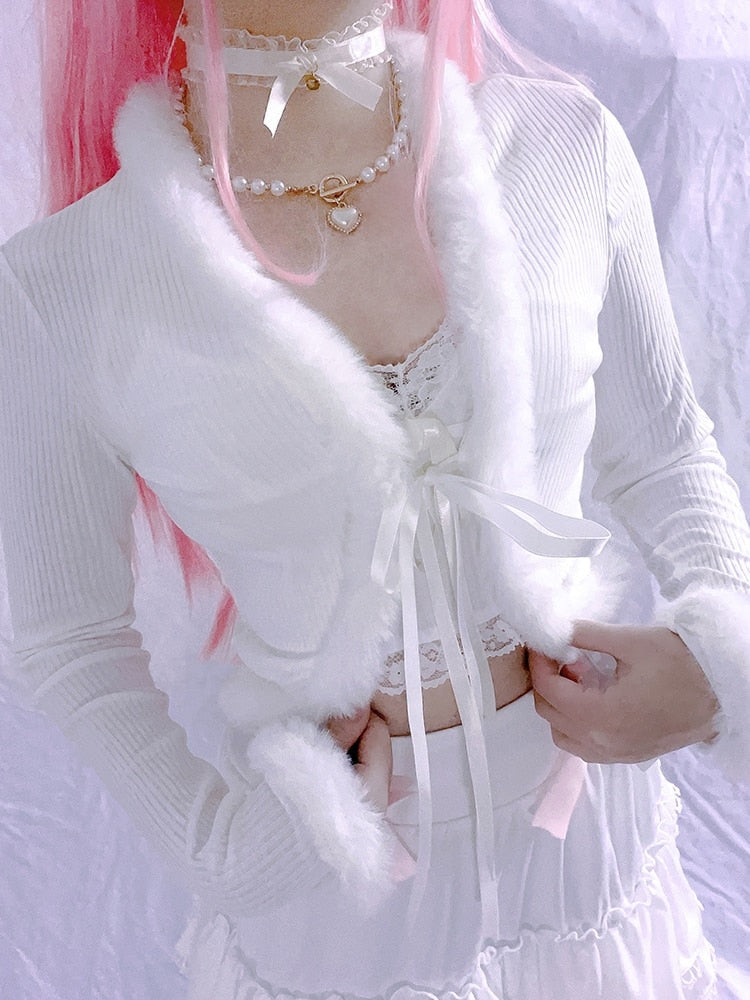White Fur Trim Cardigan - cardigan, cardigans, coquette, dollette, fae Kawaii Babe