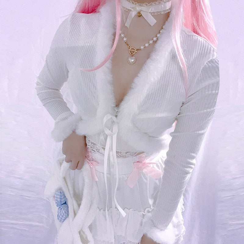 White Fur Trim Cardigan - cardigan, cardigans, coquette, dollette, fae Kawaii Babe