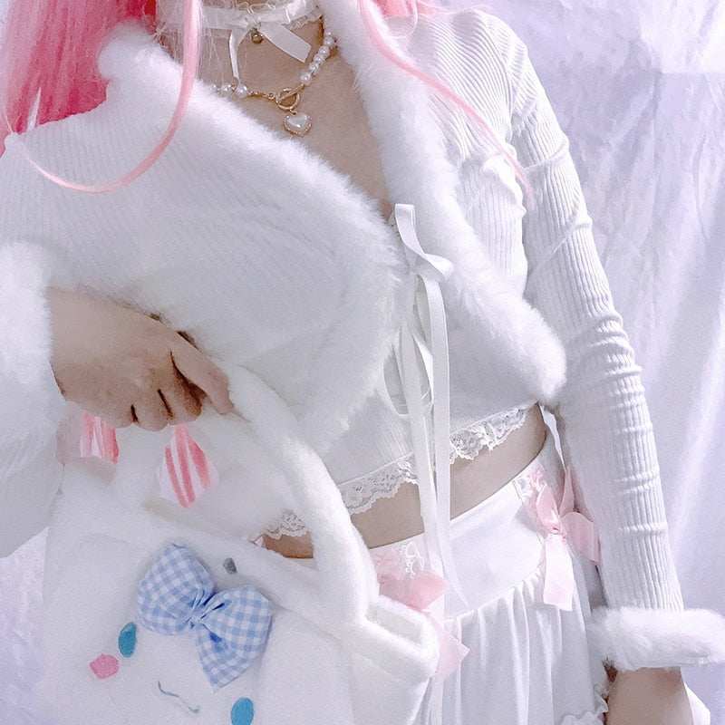 White Fur Trim Cardigan - cardigan, cardigans, coquette, dollette, fae Kawaii Babe