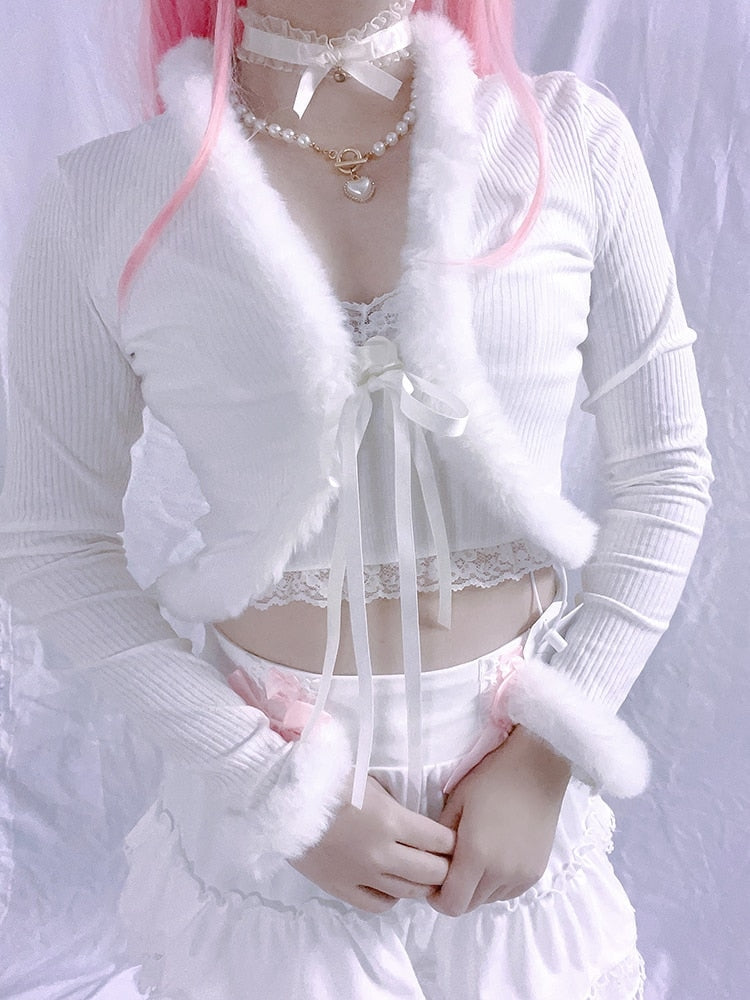 White Fur Trim Cardigan - cardigan, cardigans, coquette, dollette, fae Kawaii Babe