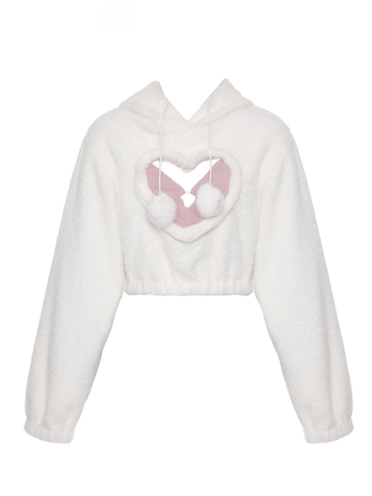 White Fuzzy Valentine Set - hooded, hoodies, outfit, short shorts, sweaters Kawaii Babe