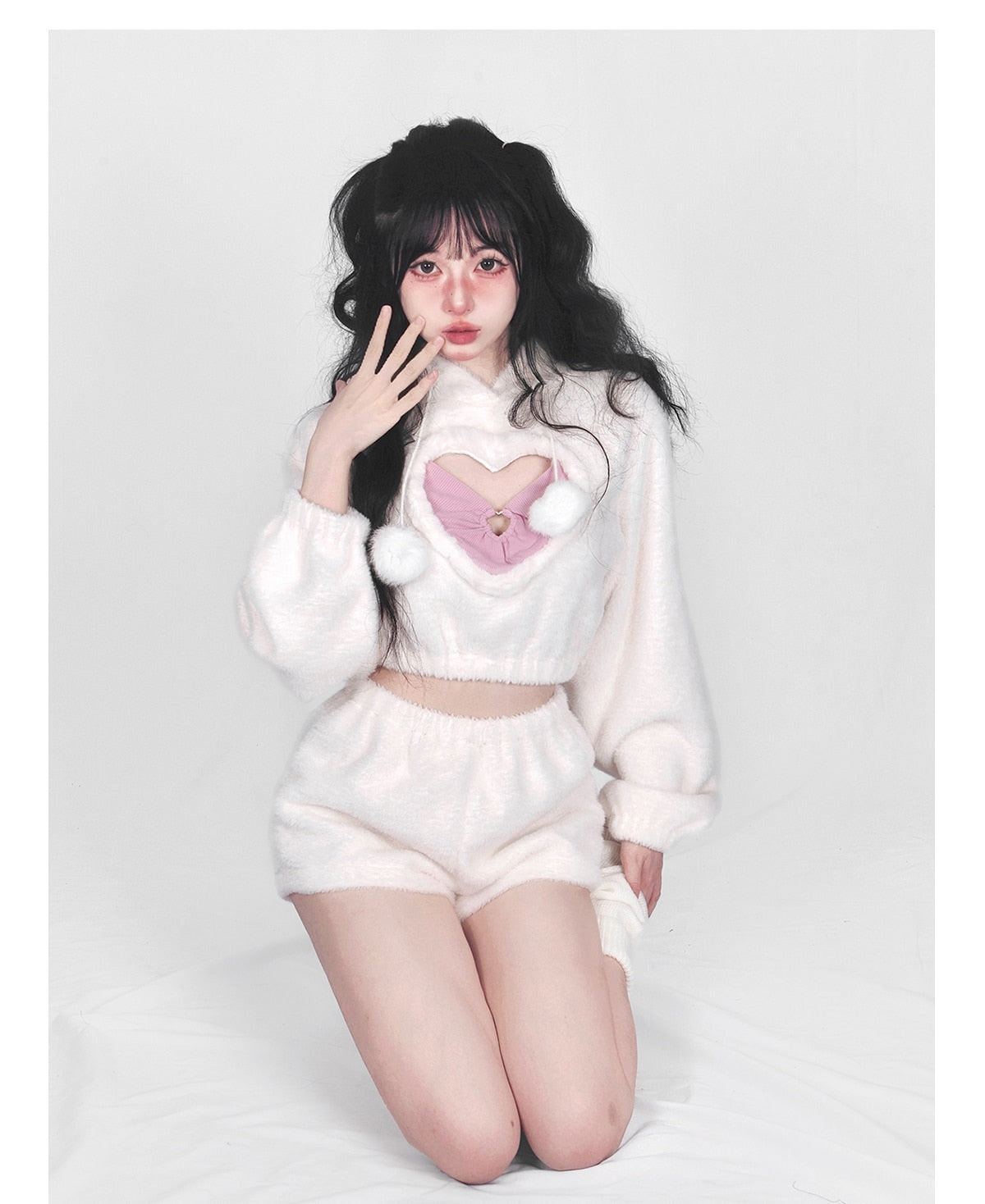 White Fuzzy Valentine Set - hooded, hoodies, outfit, short shorts, sweaters Kawaii Babe
