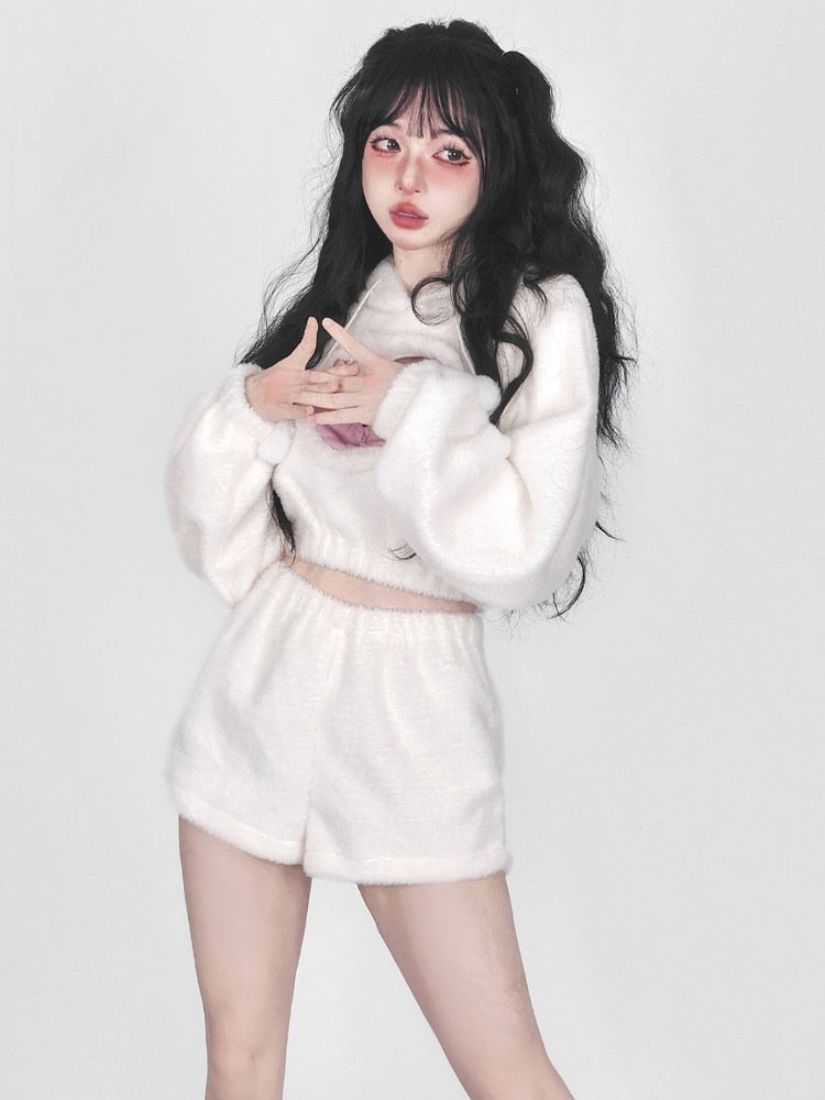 White Fuzzy Valentine Set - hooded, hoodies, outfit, short shorts, sweaters Kawaii Babe