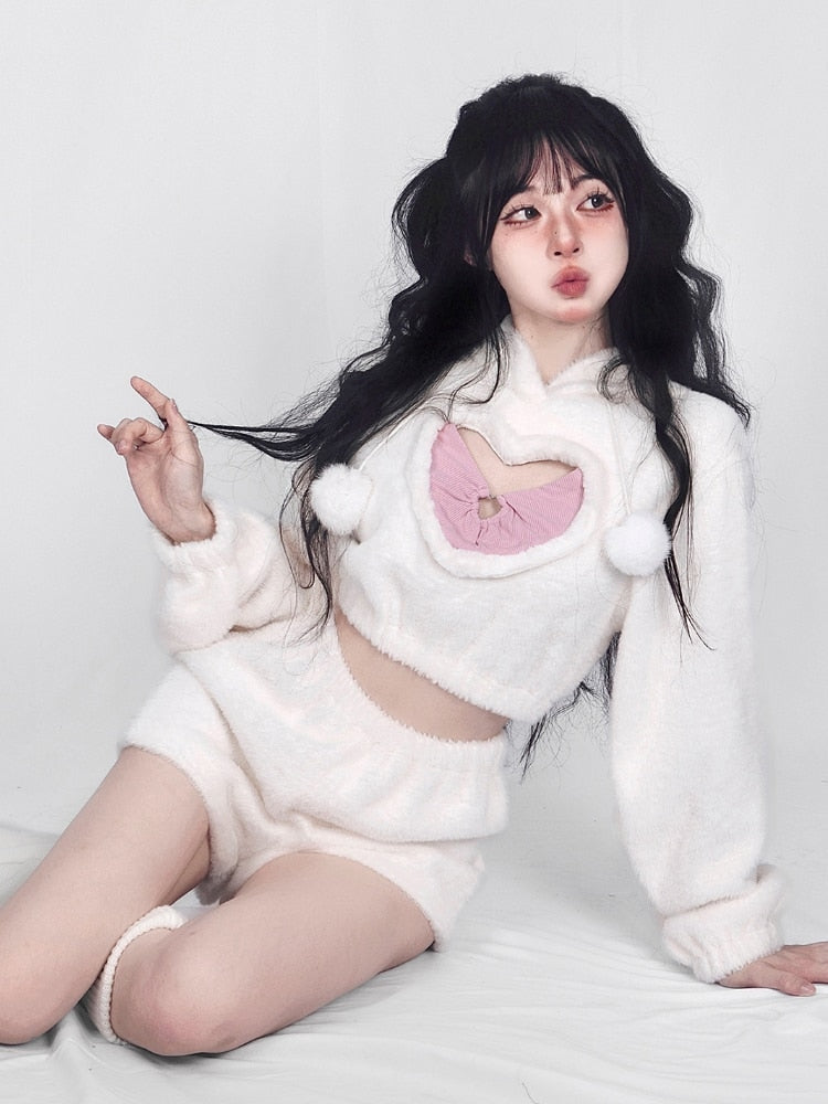 White Fuzzy Valentine Set - hooded, hoodies, outfit, short shorts, sweaters Kawaii Babe