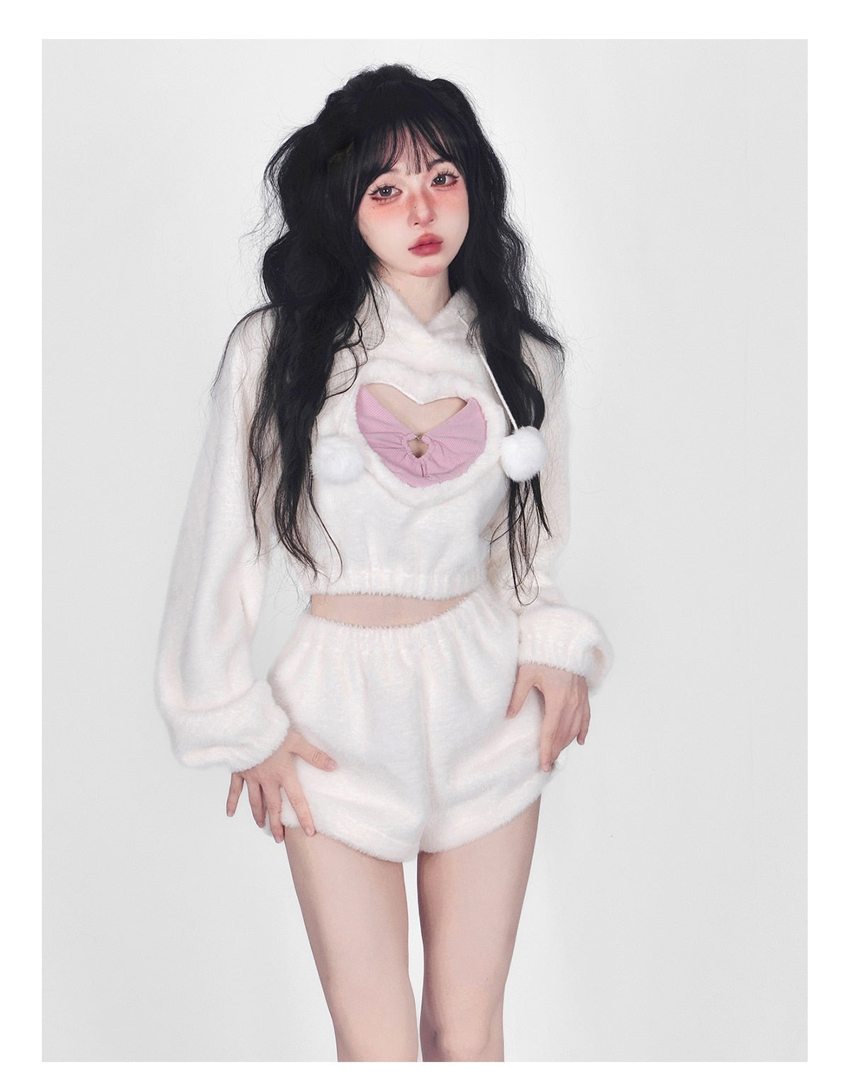 White Fuzzy Valentine Set - hooded, hoodies, outfit, short shorts, sweaters Kawaii Babe