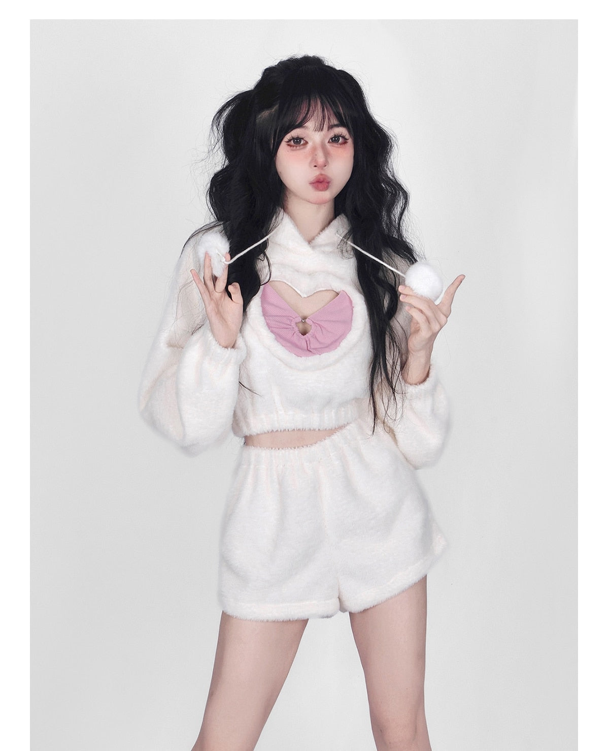 White Fuzzy Valentine Set - hooded, hoodies, outfit, short shorts, sweaters Kawaii Babe