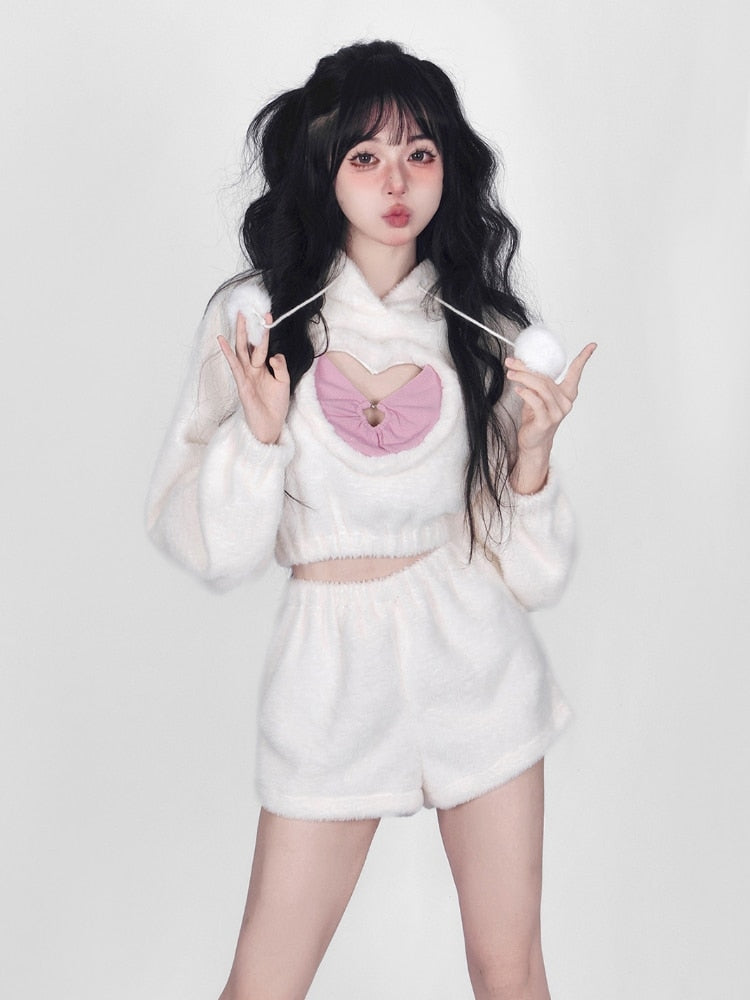 White Fuzzy Valentine Set - hooded, hoodies, outfit, short shorts, sweaters Kawaii Babe