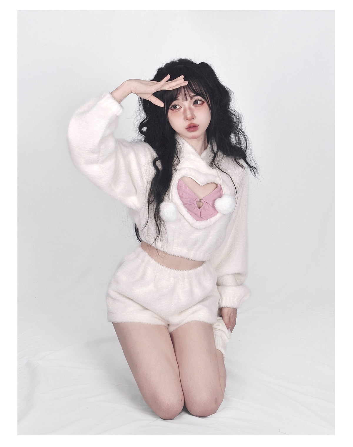 White Fuzzy Valentine Set - hooded, hoodies, outfit, short shorts, sweaters Kawaii Babe