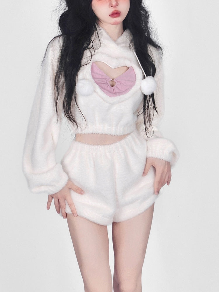 White Fuzzy Valentine Set - hooded, hoodies, outfit, short shorts, sweaters Kawaii Babe