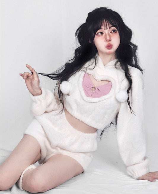 White Fuzzy Valentine Set - hooded, hoodies, outfit, short shorts, sweaters Kawaii Babe