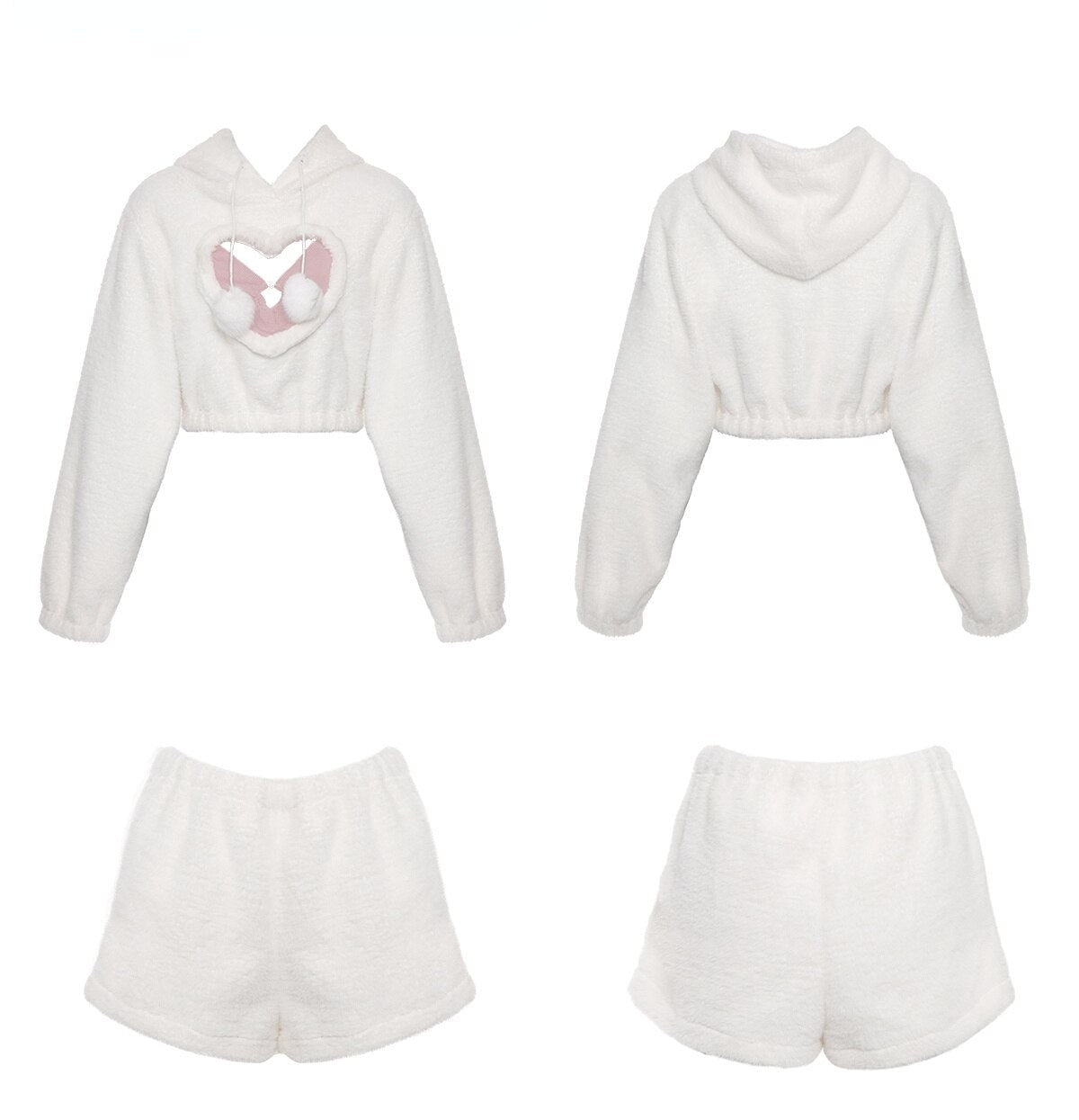 White Fuzzy Valentine Set - hooded, hoodies, outfit, short shorts, sweaters Kawaii Babe