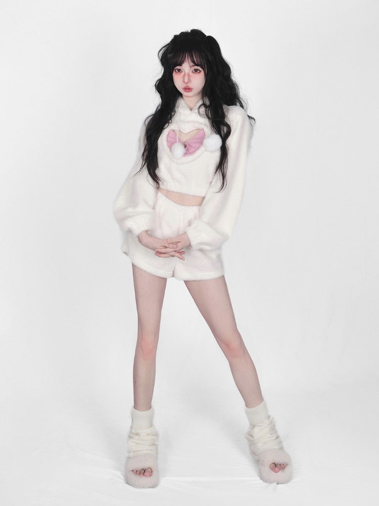 White Fuzzy Valentine Set - hooded, hoodies, outfit, short shorts, sweaters Kawaii Babe