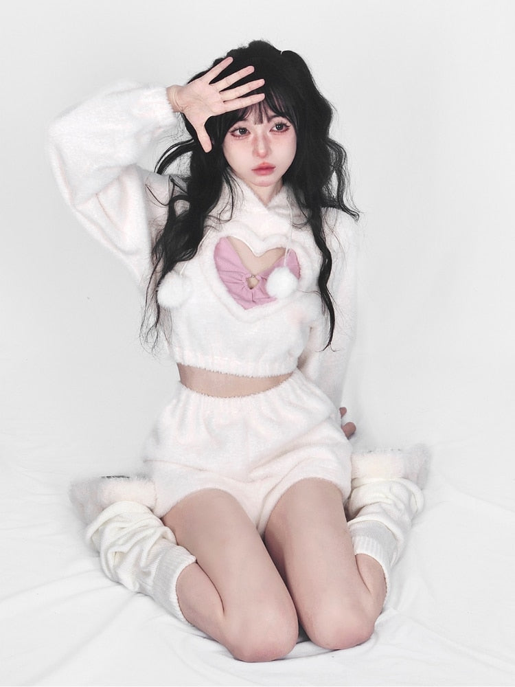White Fuzzy Valentine Set - hooded, hoodies, outfit, short shorts, sweaters Kawaii Babe