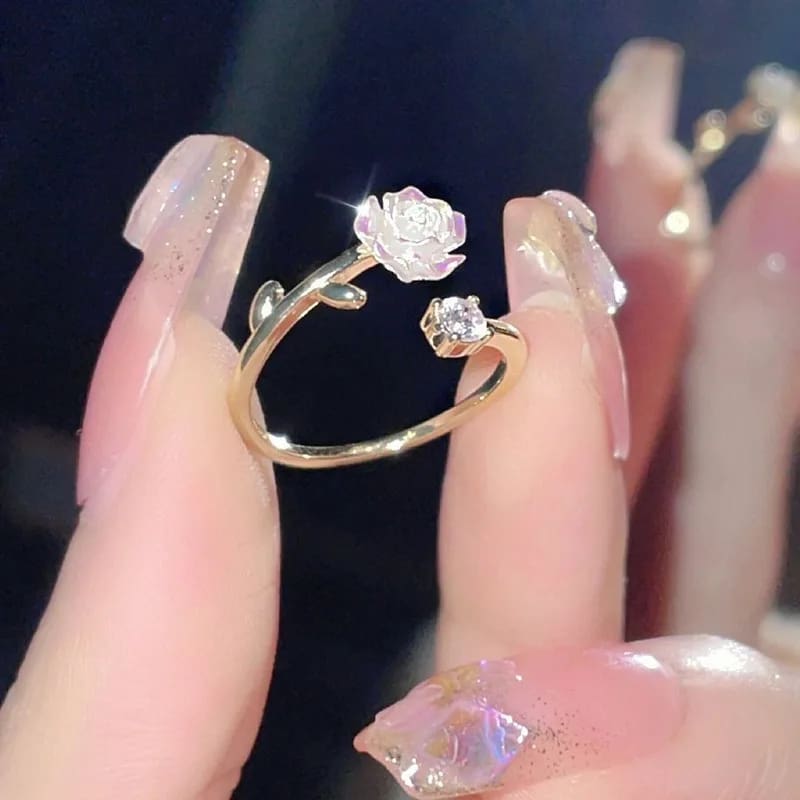 Kawaii white rose spiral fairycore rhinestone ring