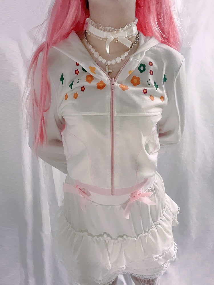 Y2K Floral Zip Up Jacket - 1990s, 90s, flowers, sweat shirts, sweaters Kawaii Babe