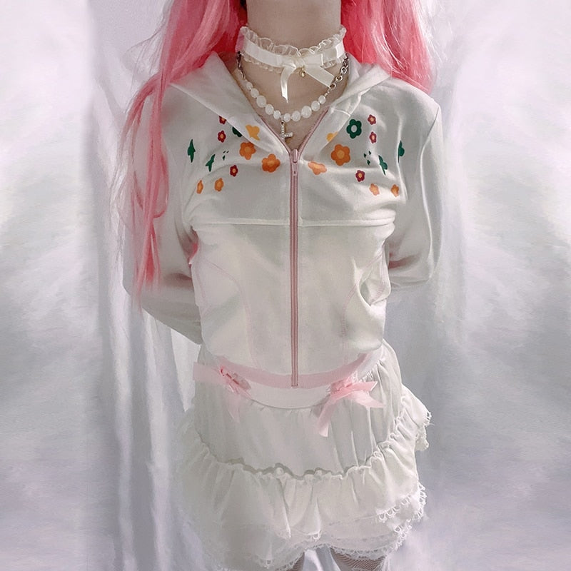 Y2K Floral Zip Up Jacket - 1990s, 90s, flowers, sweat shirts, sweaters Kawaii Babe