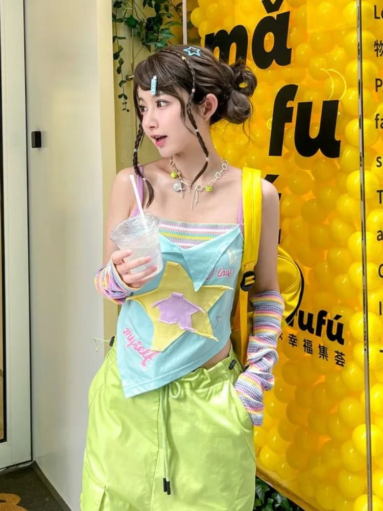 Kawaii y2k star girl pastel colorful asymmetrical tank top shirt