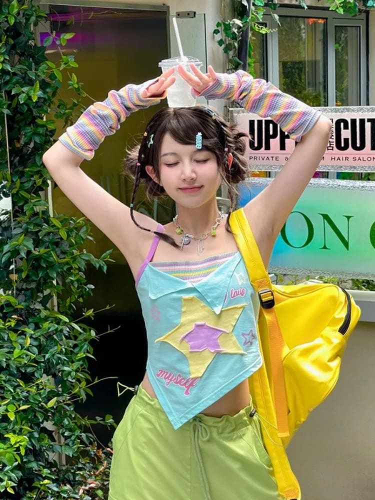 Kawaii y2k star girl pastel colorful asymmetrical tank top shirt