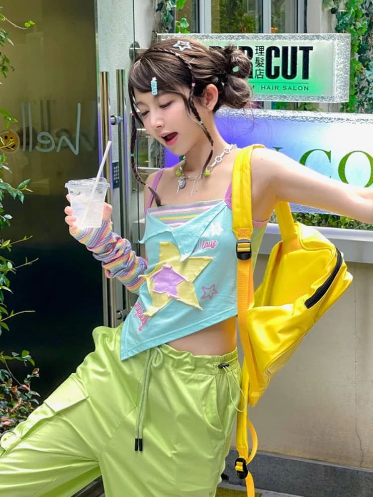 Kawaii y2k star girl pastel colorful asymmetrical tank top shirt