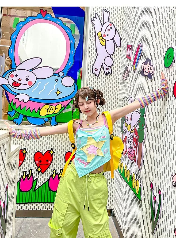 Kawaii y2k star girl pastel colorful asymmetrical tank top shirt