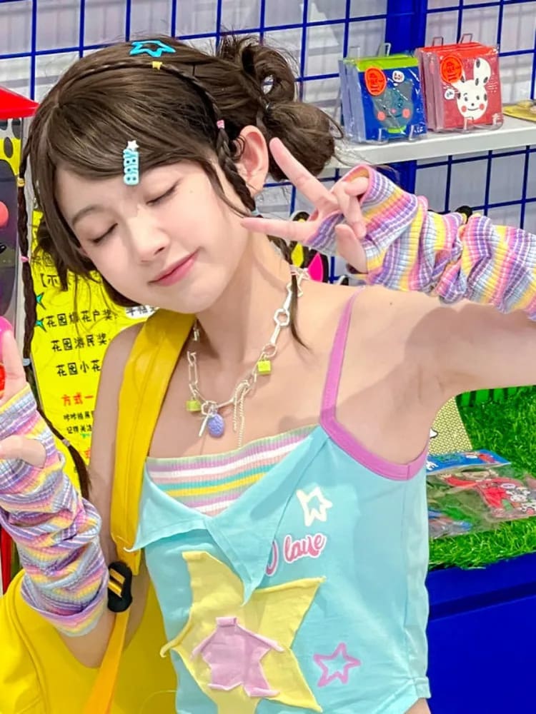 Kawaii y2k star girl pastel colorful asymmetrical tank top shirt