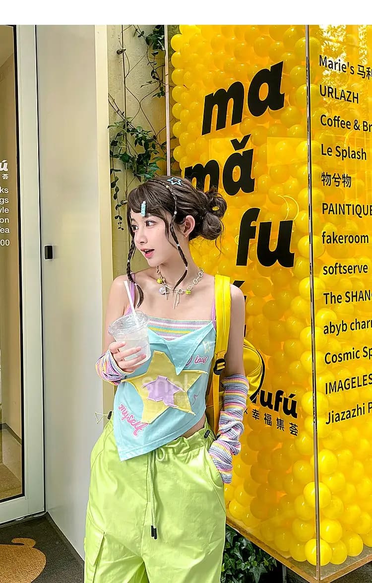 Kawaii y2k star girl pastel colorful asymmetrical tank top shirt
