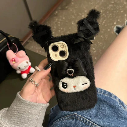 Coque de téléphone en peluche Kuro Melo avec nœud en forme de cœur KI266