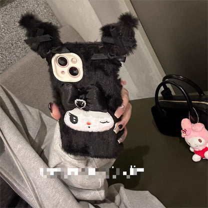 Coque de téléphone en peluche Kuro Melo avec nœud en forme de cœur KI266